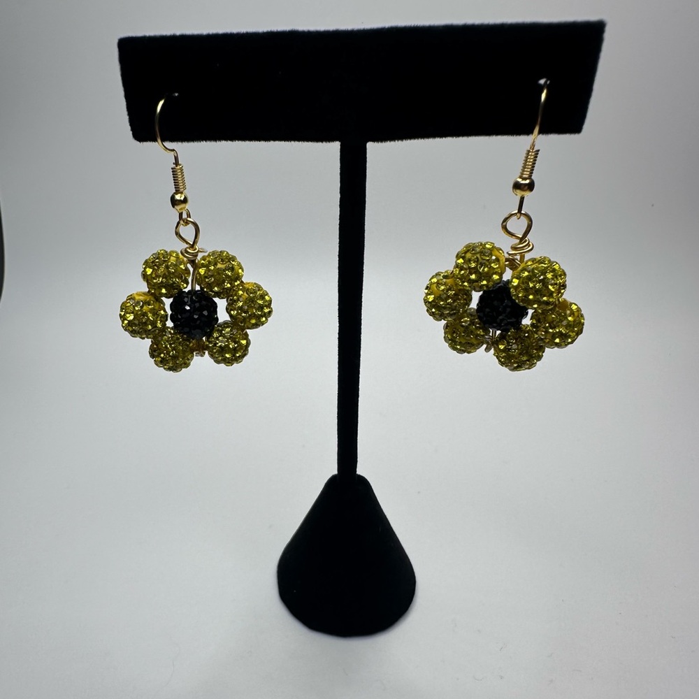 Gold and Black Crystal Flower Earrings